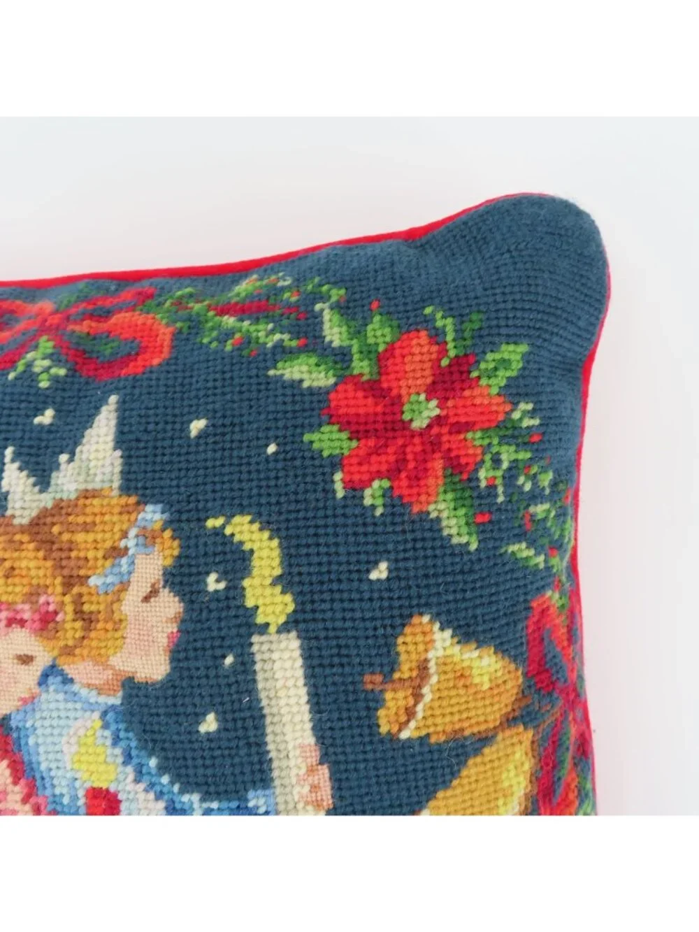 Vintage Needlepoint Praying Angel Children Red Flowers Bow Bells Square Pillow
